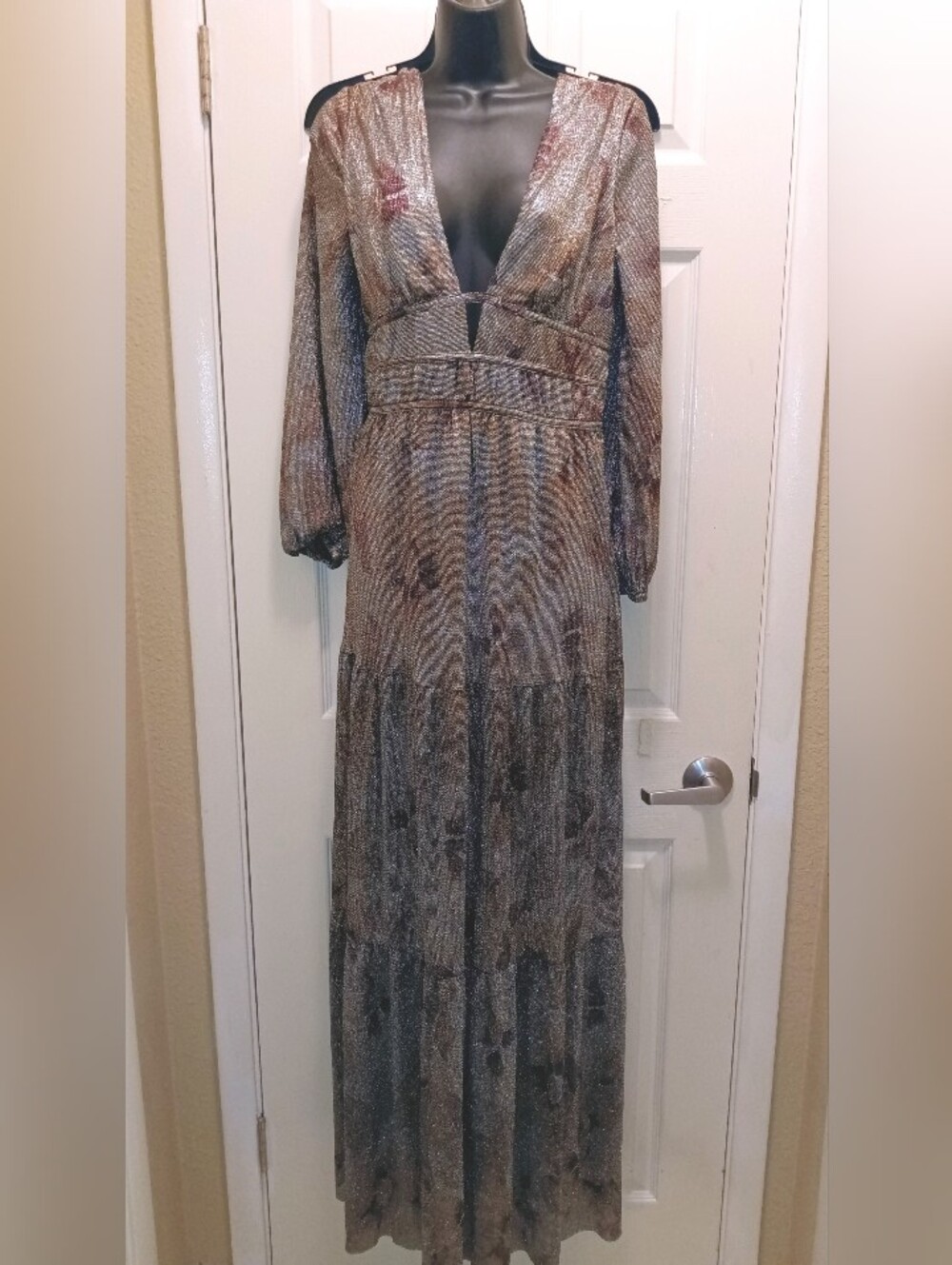 Nwt BA&SH Long Sleeve V-Neck Metallic Maxi Dress in Silver Gray Xs/S